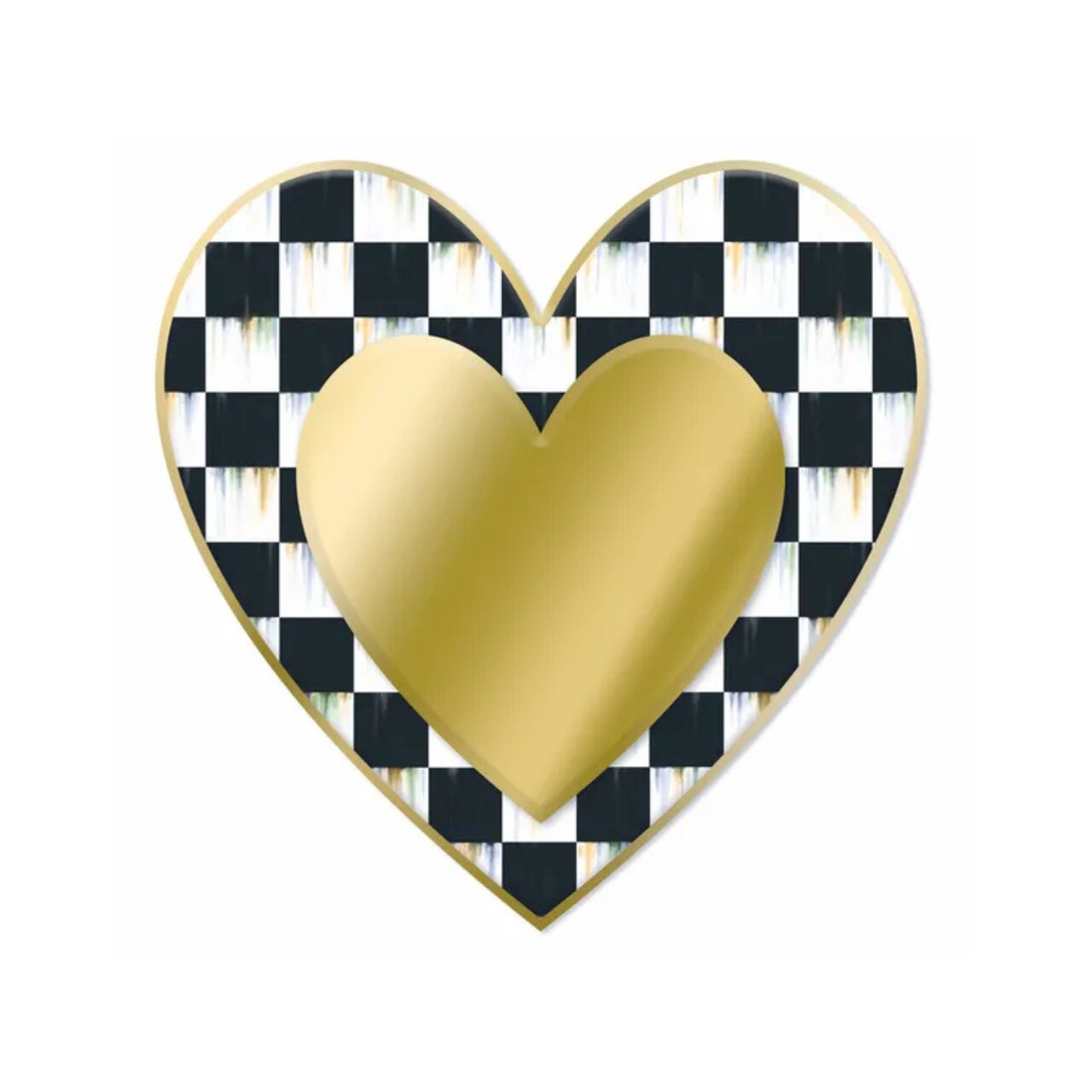 Gold Black White Checkered Metal Heart Sign – 12" Embossed Wall Decor